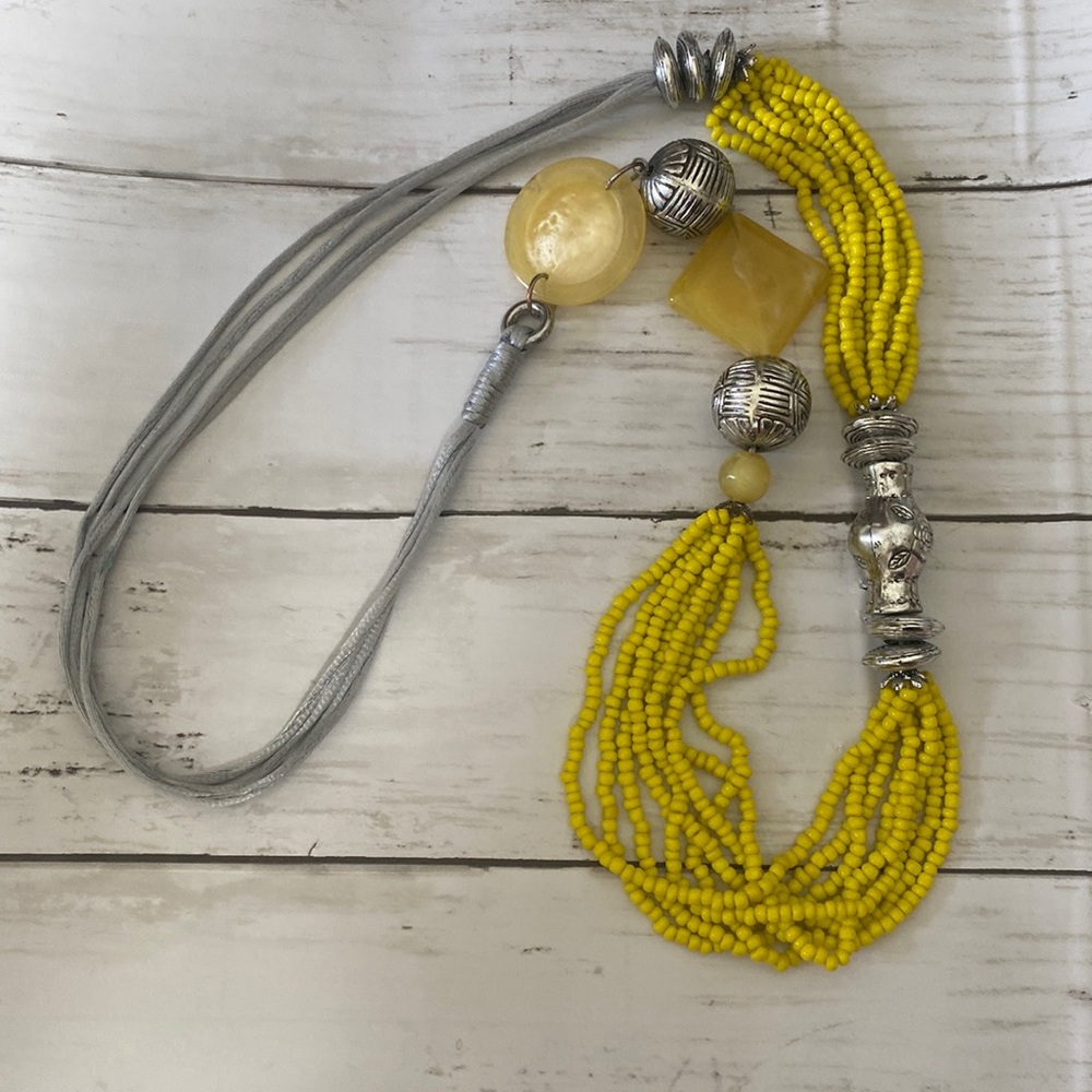 Yellow And Gray Beaded Long Statement Necklace - image 1